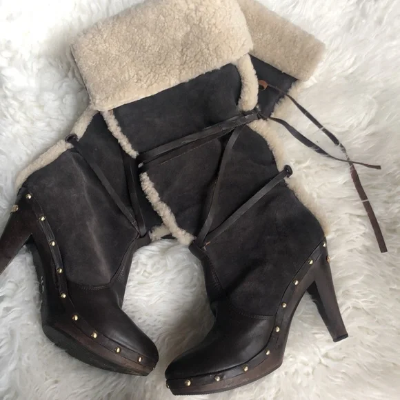 Michael Kors Shearling Fur Leather Studded Platform Clog Boots - Picture 3 of 9